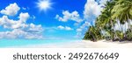 Tropical island paradise sea beach beautiful panorama landscape, turquoise ocean water, coconut palm tree, white sand, sun blue sky cloud, summer holiday vacation travel, Caribbean, Maldives, Thailand