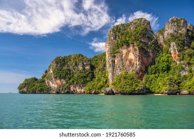 Tropical Islands View With Ocean Blue Sea Water At Railay Beach, Krabi Thailand Nature Landscape