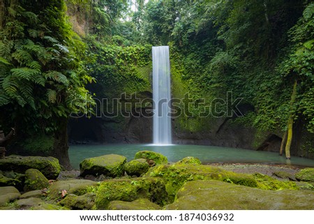 Tropical landscape. Beautiful hidden waterfall in rainforest. Adventure and travel concept. Nature background. Slow shutter speed, motion photography. Tibumana waterfall Bali, Indonesia