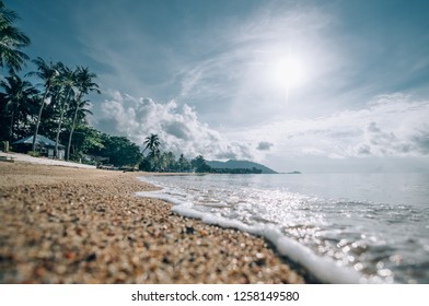 Tropical landscape at sunrise. Dawn on a tropical island, beach with palm trees, calm sea, bright sun and clouds - Shutterstock ID 1258149580
