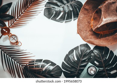 Tropical Leaves, Ala Indiana Jones Hat, Travel Adventure Concept Blank White Background, Surreal Color 