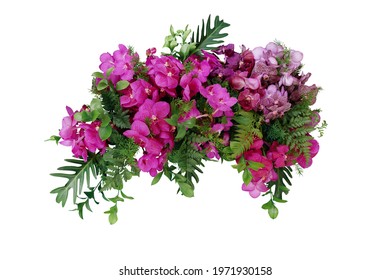 Tropical leaves and flower garland bouquet arrangement mixes orchids flower with tropical foliage fern, philodendron and ruscus leaves isolated on white background with clipping path. - Shutterstock ID 1971930158