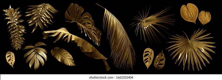 Tropical Leaves Gold And Black, Can Be Used As Background