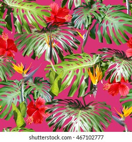 Tropical Flowers Palm Leaves Jungle Leaves Stock Vector (royalty Free 