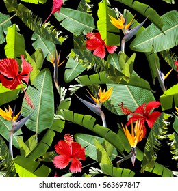 Tropical leaves pattern. Green leaf banana seamless. Artistic photo collage for floral print. With soft focus effect.