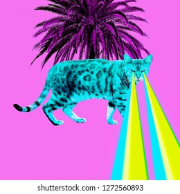 Tropical Leopard Cat With Lasers From Eyes. Minimal Collage Fashion Concept