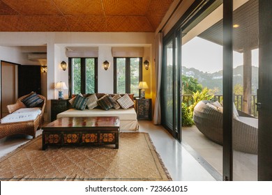 Tropical Luxury Villa Interior, Living Room With Sea View Veranda