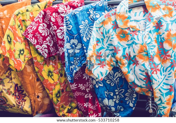 Tropical men shirts on display in the\
market.traditional\
clothing