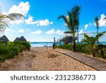 Tropical mexican caribbean beach landscape panorama with clear turquoise blue water in Playa del Carmen Mexico.