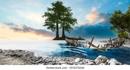 Tropical nature view. Abandoned broken boat in sea water