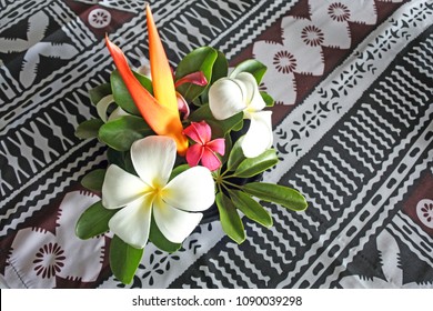 Tropical Pacific Islands Flower Bouquet On A Restaurant Table In A Resort In Fiji. No People. Copy Space