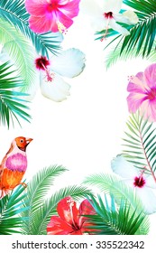 tropical palm leaves, hibiscus and bird inspiration background - Shutterstock ID 335522342
