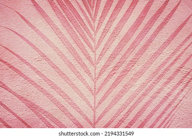 Tropical Palm Leaves Natural Shadow On Pink Stucco Wall. 