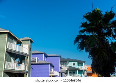 Tropical Palm Tree Home Rentals Port Aransas , Texas Padre Island Coastal Homes Along Gulf Of Mexico Island Living. Rental And Vacation Homes Painted Bright Colorful Colors Near Corpus Christi , TX