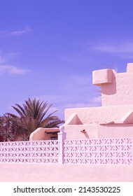 Tropical Palm Tree And Traditional House. Canary Island. Travel Aesthetic Wallpaper. Minimalist Beige