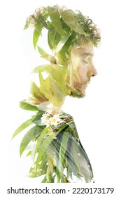 Tropical plants merged with a portrait. Double exposure - Shutterstock ID 2220173179