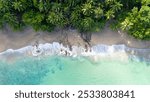 Tropical sea palm beach summer island. Aerial view high angle view sunshine sea coastline background. seascape top view copy text space.