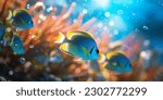 Tropical sea underwater fishes on coral reef. Aquarium oceanarium wildlife colorful marine panorama landscape nature snorkeling diving