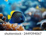  Tropical sea underwater fishes on coral reef. Aquarium oceanarium wildlife colorful marine panorama landscape nature snorkeling diving