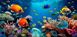 Tropische Unterwasserfische Im Korallenriff. Aquarium Ozeanarium Wildlife Bunter Meerespanorama Landschaft Schnorcheln