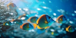 Tropische Unterwasserfische Im Korallenriff. Aquarium Ozeanarium Wildfauna Bunter Meerespanorama Landschaft Naturschnorcheln