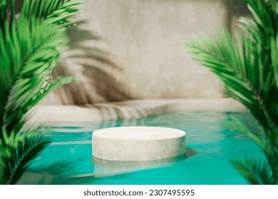 
Tropical summer background with concrete podium in pool water and palm leaf shadow. Luxury hotel resort exterior for product placement. Cylinder stand in resort hotel villa poolside.