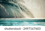 Tropical summer background with concrete wall, palm leaf shadow and  pool water. Luxury hotel resort exterior for product placement. Outdoor vacation holiday house scene, neutral architecture.