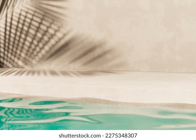 Tropical summer background with concrete wall, pool water and palm leaf shadow. Luxury hotel resort exterior for product placement. Outdoor vacation holiday house scene, neutral architecture aesthetic