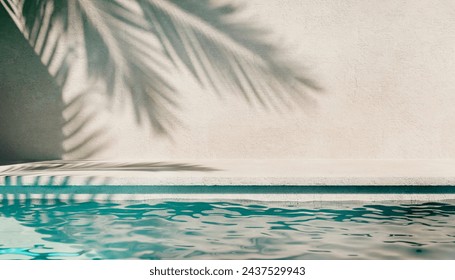 Tropical summer background with plaster wall, pool water and palm shadow. Luxury hotel resort poolside scene mockup template. Beach vacation holiday house with neutral architecture aesthetic. - Powered by Shutterstock