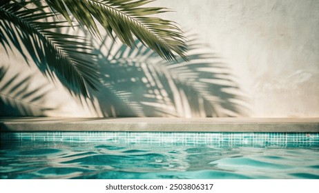 Tropical summer background with plaster wall, pool water and palm shadow. Luxury hotel resort poolside scene of template. Beach vacation holiday house with neutral architecture aesthetic view - Powered by Shutterstock