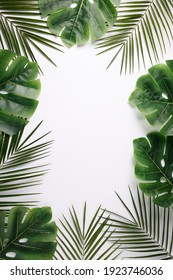 Tropical summer frame border with natural palm leaves on bright background. Creative nature visual trend concept with copy space. Minimal flat lay. Top view.