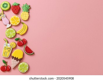 Tropical Summer Theme Colorful Sugar Icing Cookies On Light Pink Background, Tropical Fruit Cookie Shapes Concept  