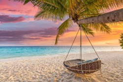 Tropical Sunset Beach And Sky Background As Exotic Summer Landscape With Beach Swing Or Hammock And White Sand And Calm Sea Beach Banner. Paradise Island Beach Vacation Or Summer Holiday Destination
