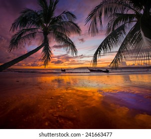 Tropical sunset on the beach. Ao-Nang. Krabi. Thailand at sunset