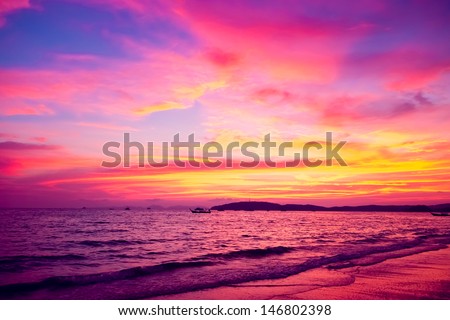 Tropical sunset on the beach. Ao-Nang. Krabi. Thailand
