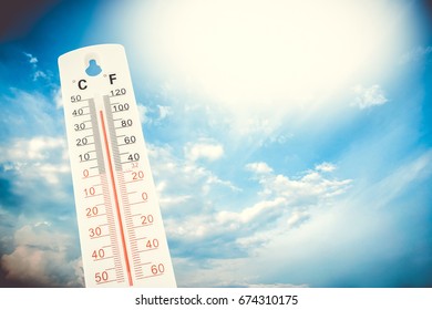 Tropical temperature, measured on an outdoor thermometer, global heat wave, environment concept.
