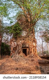 Tropical Tree wraps its roots around the ruins of an ancient Cambodian temple. One of the five towers of Prasat Pram Temple. Koh Ker, Siem Reap Province, Cambodia - Shutterstock ID 2118958154