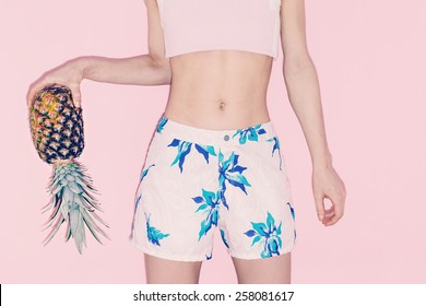 Tropical Vanilla summer. Fashion girl with Pineapple.