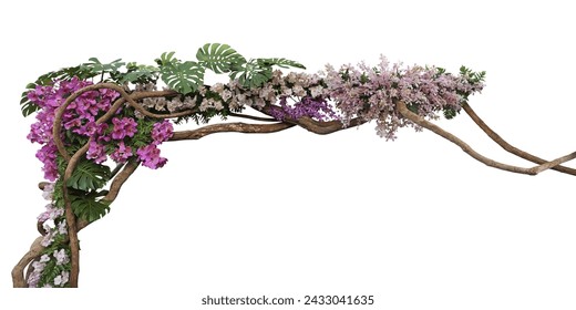 Tropical vibes plant bush floral arrangement with tropical leaves Monstera and fern and various orchids tropical flowers decor on tree branch liana vine plant isolated on white background - Powered by Shutterstock