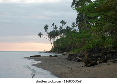 Tropical Waters And Swimming Coves Off The Coast Of A Samoan Jungle, On The Island Of Upolu At Sunset. The Turquoise Waters And Palm Trees Were A Welcome Relief After A Hot Day