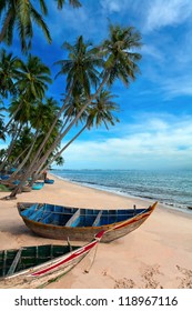 Tropical White Beach Vietnam With Palm Trees And Clouds