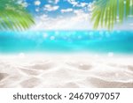 Tropical white sand beach Summer background with green palm leaf