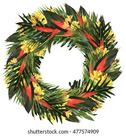 Tropical Wreath With Real Heliconia, Yellow Alstroemeria, Ti And Palm Leaves