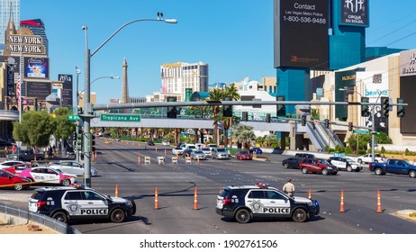 Tropicana Avenue, Las Vegas, Nevada, USA - October 3, 2017: Police Barricaded Road Going Towards Mandalay Bay Hotel Few Days After A Man Stephen Paddock Start Shooting Participants At A Music Festival