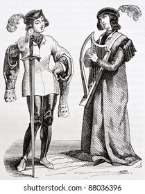 Troubadour and page old illustration. Taken from the manuscript Miracles of Saint Louis, published on Magasin Pittoresque, Paris, 1844