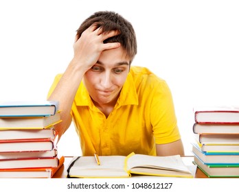 Troubled Student with a Books on the Desk on the White Background