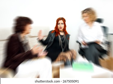 Troubled Teen Girl On Therapy Session With Her Mother And Psychiatrist, Zoomed For Dramatic Effect