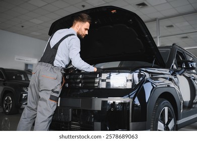Troubleshooting process. Auto mechanic working in garage. Repair service.