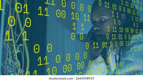 Troubleshooting technician holding smartphone inspecting network cables in data center, copy space. Technology, cybersecurity, communication, innovation, data, digital, industrial