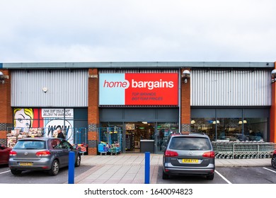 Trowbridge Wiltshire UK February 04 2020 Front Of A Home Bargains Discount Shop With Shopping Trolleys And Racks Of Goods  In Trowbridge Wiltshire